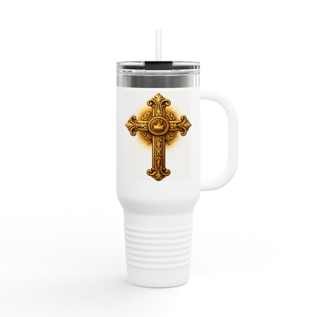 Golden Cross Insulated Travel Mug, Religious Coffee Cup, Perfect for Advent, Christmas, Gifts for Her, On-the-Go Drinkware
