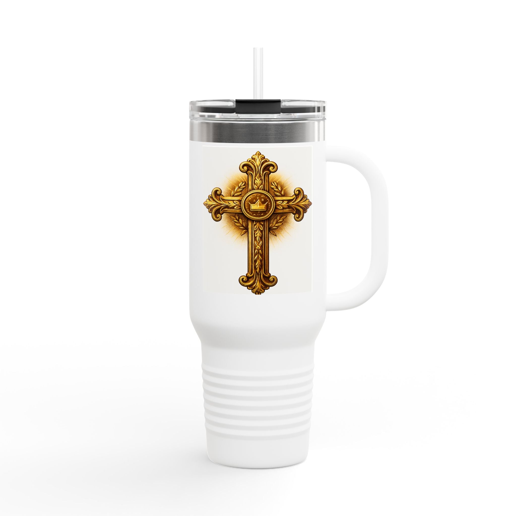 Golden Cross Insulated Travel Mug, Religious Coffee Cup, Perfect for Advent, Christmas, Gifts for Her, On-the-Go Drinkware